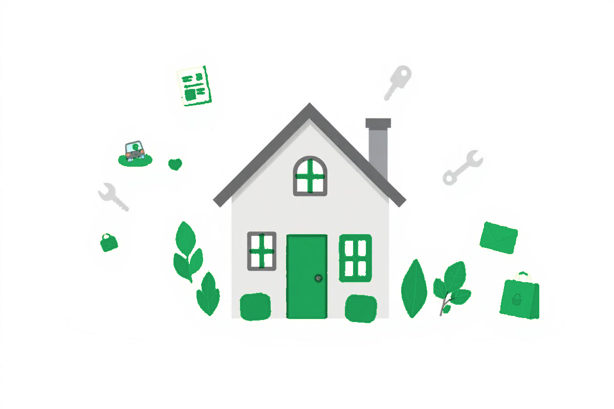 A friendly house surrounded by small lifestyle icons for vehicles, pets, documents and reminders